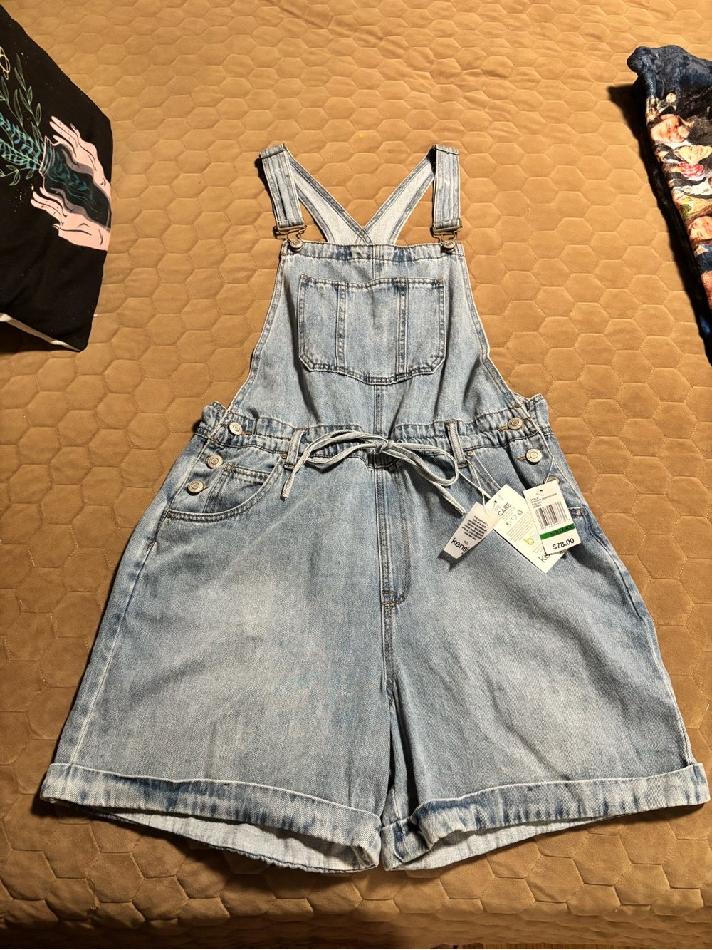 Kensie Light Blue Denim Short Overalls with Drawstring Waist